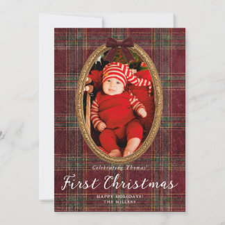 Baby Eerste Kerstmis Tartan Gouden Lijst Kerstmis Feestdagenkaart