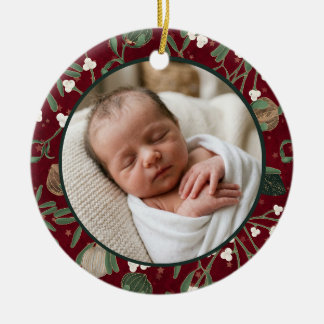 Baby Eerste Kerstmis Vintage Rode Bloemen Foto Keramisch Ornament