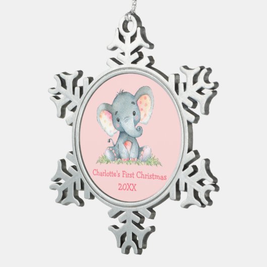 Baby Eerste Kerstmis Waterverf Elephant Pink Tin Sneeuwvlok Ornament (Rechts)