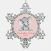 Baby Eerste Kerstmis Waterverf Elephant Pink Tin Sneeuwvlok Ornament (Voorkant)