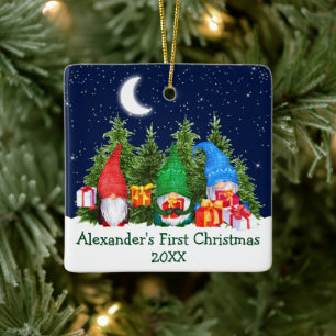 Baby Eerste Kerstmis Waterverf Gnomes Sky Trees Keramisch Ornament