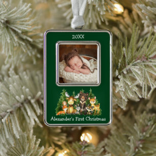 Baby Eerste Kerstmis Woodland Dieren Foto Verzilverd Kader Ornament