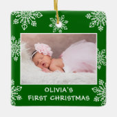 Baby Eerste Kerstsneeuwvlokken 2 Foto Groen Keramisch Ornament (Voorkant)