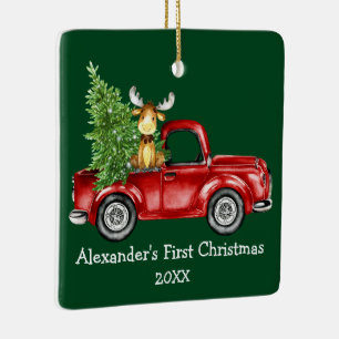 Baby eerste kersttruck Moose Green PHOTO BACK Keramisch Ornament