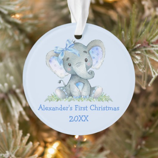 Baby eerste kerstWaterverf Elephant Blue Bow Ornament (Boom)