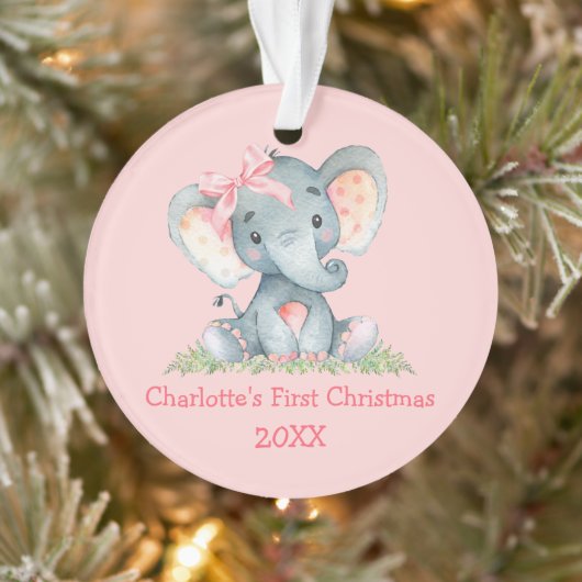 Baby eerste kerstWaterverf Roze Bow Elephant Ornament (Boom)