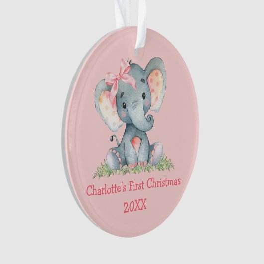 Baby eerste kerstWaterverf Roze Bow Elephant Ornament (voorkant)