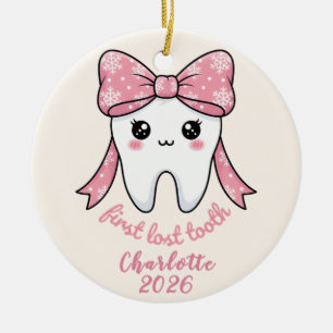 Baby Eerste Tand Roze Strik Mijlpaal Kawaii Tand Keramisch Ornament