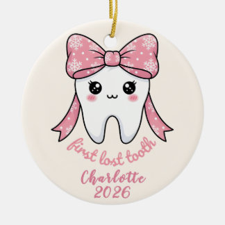 Baby Eerste Tand Roze Strik Mijlpaal Kawaii Tand Keramisch Ornament