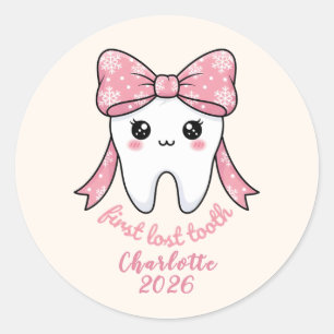 Baby Eerste Tand Roze Strik Mijlpaal Kawaii Tand Ronde Sticker