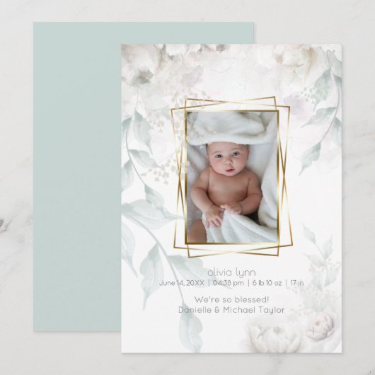 Baby | Elegante Alabaster Witte pioenen Kaart (Voorkant / Achterkant)