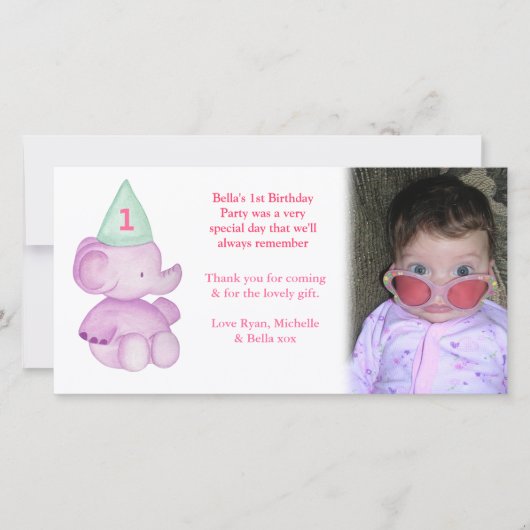 Baby Elephant 1er anniversaire Merci Carte photo (Devant)