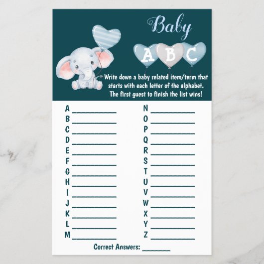 Baby Elephant ABC Baby shower Game Kaart (Voorkant)