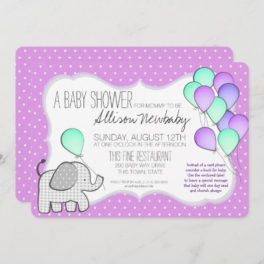 Baby Elephant and Balloons Magenta Baby shower Kaart (Voorkant / Achterkant)