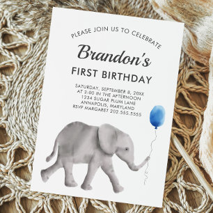 Baby Elephant Anniversaire Fête Invitation Blue Gr