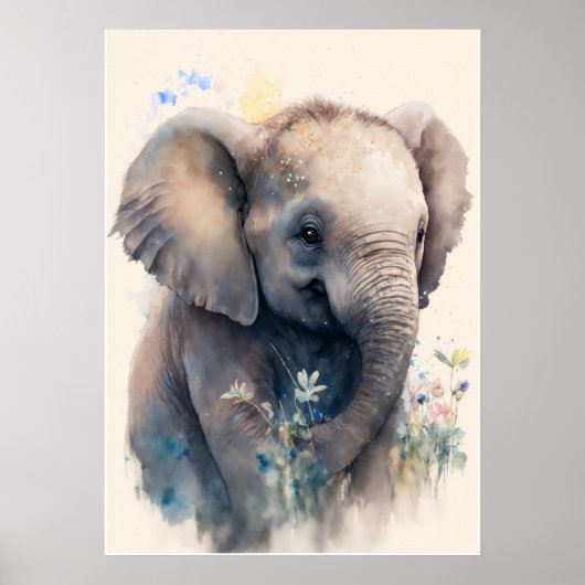 Baby Elephant Aquarelle Nursery Wall Art Poster (Devant)