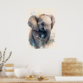 Baby Elephant Aquarelle Nursery Wall Art Poster (Cuisine)