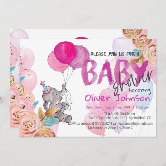 Baby Elephant Baby shower Girl Invitation Kaart (Voorkant / Achterkant)