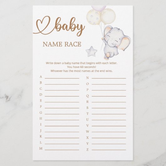 Baby Elephant Baby shower Name Race Game (Voorkant)