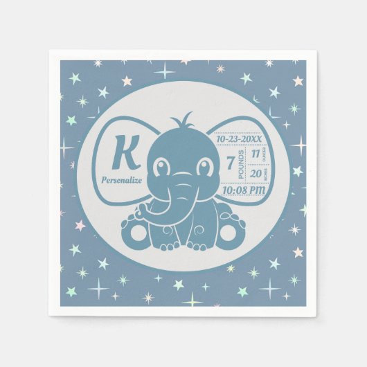 Baby Elephant Birth Announcement Blue Boy Servet (Voorkant)