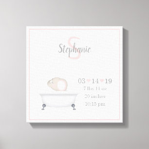 Baby Elephant Bubble Bath Girl Birth Announement Canvas Afdruk