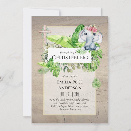 Baby Elephant CHRISTENING Invitation pour les fill (Devant)