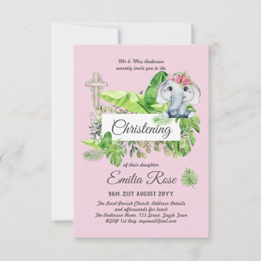 Baby Elephant CHRISTENING Invitation pour les fill (Devant)
