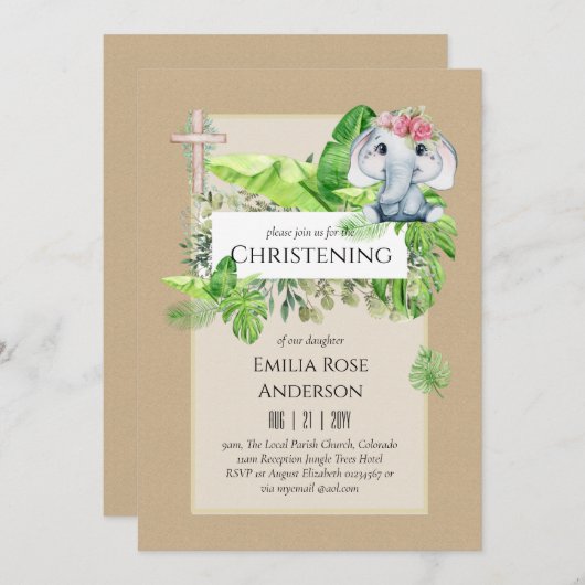 Baby Elephant CHRISTENING Invitation pour les fill (Devant / Derrière)