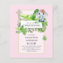 Baby Elephant CHRISTENING Invite for Girls Oerwoud