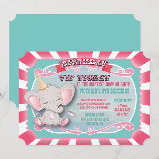 Baby Elephant Circus Ticket Birthday Uitnodiging (Voorkant / Achterkant)