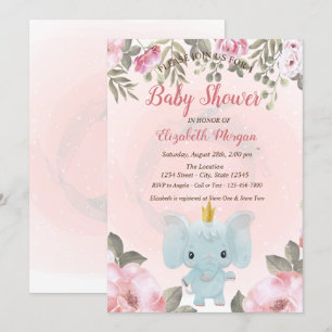 Baby Elephant Crown Floral Baby shower Invitation Kaart