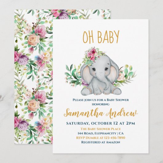 Baby Elephant en Flowers Baby shower Kaart (Voorkant / Achterkant)
