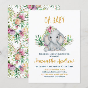 Baby Elephant en Flowers Baby shower Kaart