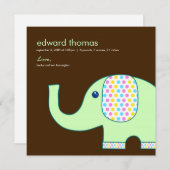 Baby Elephant Faire-part de naissance, Brown et ve (Devant / Derrière)