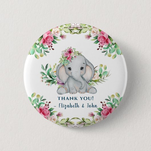 Baby Elephant Flower Baby shower Dank u Button (Voorkant)
