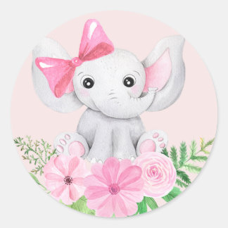 Baby Elephant Girl Birthday Party Sticker Roze