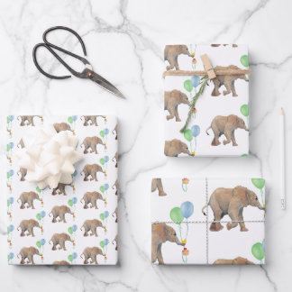 Baby Elephant green & blue balloon Set x3. Inpakpapier Vel