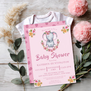 Baby Elephant Pink Boho Floral Baby shower Kaart