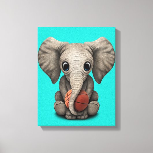 Baby Elephant Playing With Basketball Canvas Afdruk (Voorkant)