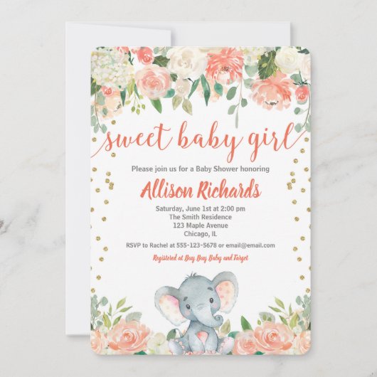 Baby Elephant poach crème fille douche invitation (Devant)