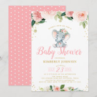 baby Elephant Roze Bloemen baby shower Uitnodiging