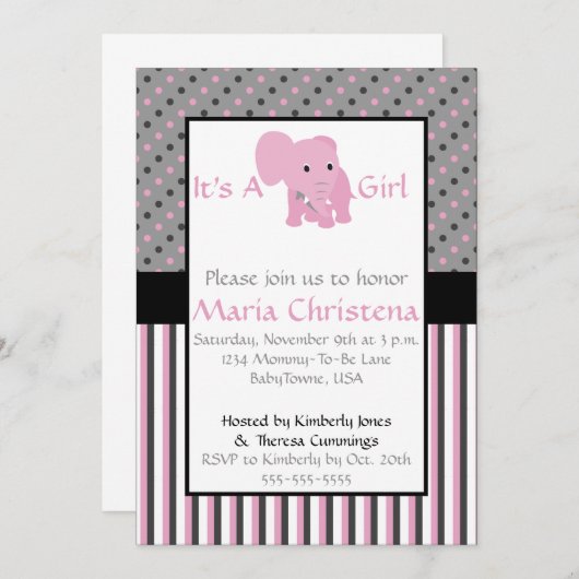 Baby Elephant Shower Invitation (roze) Kaart (Voorkant / Achterkant)