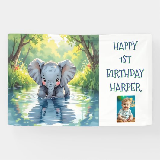 Baby Elephant Themed Personalized Birthday Party Spandoek (Horizontaal)