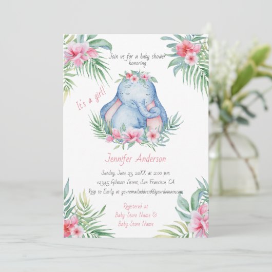 Baby Elephant Tropical Floral Baby Meisje Douche Kaart (Staand voorkant)