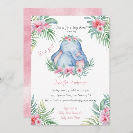 Baby Elephant Tropical Floral Baby Meisje Douche Kaart (Voorkant / Achterkant)