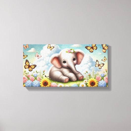 Baby Elephantin Flowers Canvas Afdruk (Voorkant)