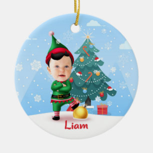 Baby Elf Kerst Ornament, Aangepaste Foto & Naam Keramisch Ornament