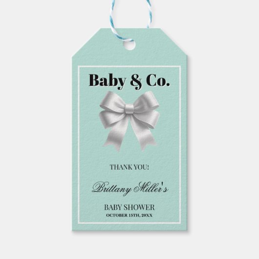 Baby en Co. Silver Bow Whimsy Baby shower Cadeaulabel (Voorkant)