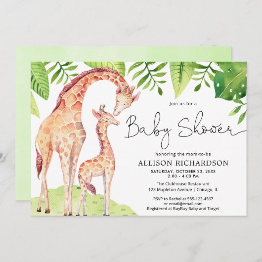 Baby en mama giraffe safari groen baby shower kaart (Voorkant / Achterkant)