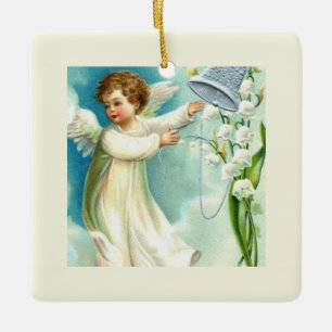 Baby Engel Met Blauwe Bel Keramisch Ornament